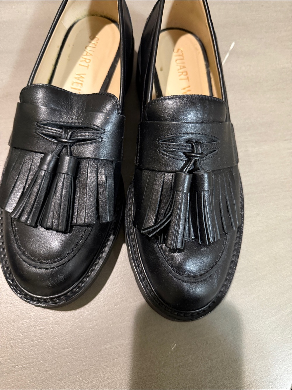 Stuart Weitzman Black Leather Tassel Kiltie Loafers